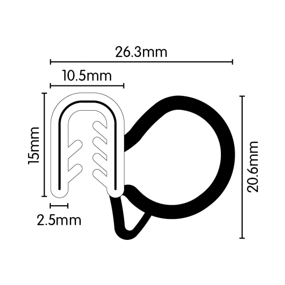 PVC Black Pinchweld with Side Bulb (Large) - 15mm x 10.5mm