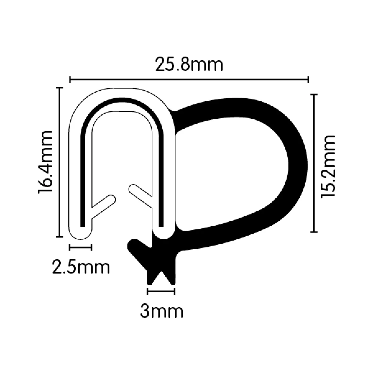 PVC Black Pinchweld with Side Bulb(Medium) - 16.4mm x 10mm