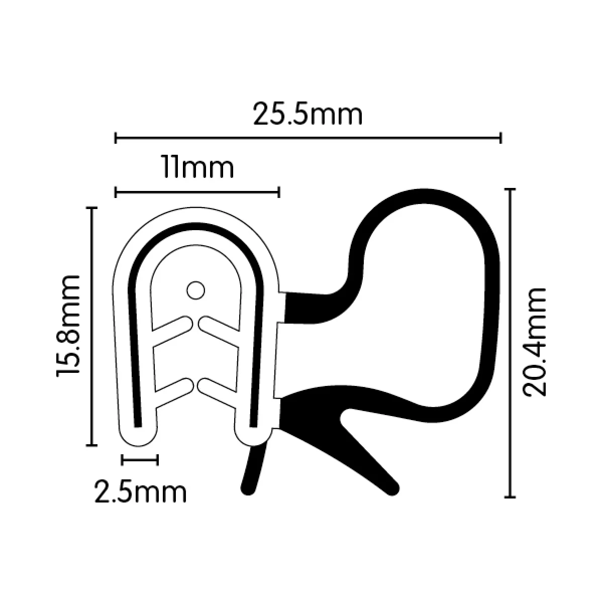 EPDM Black Rubber Pinchweld with Large Side Bulb - 15.8mm x 11mm