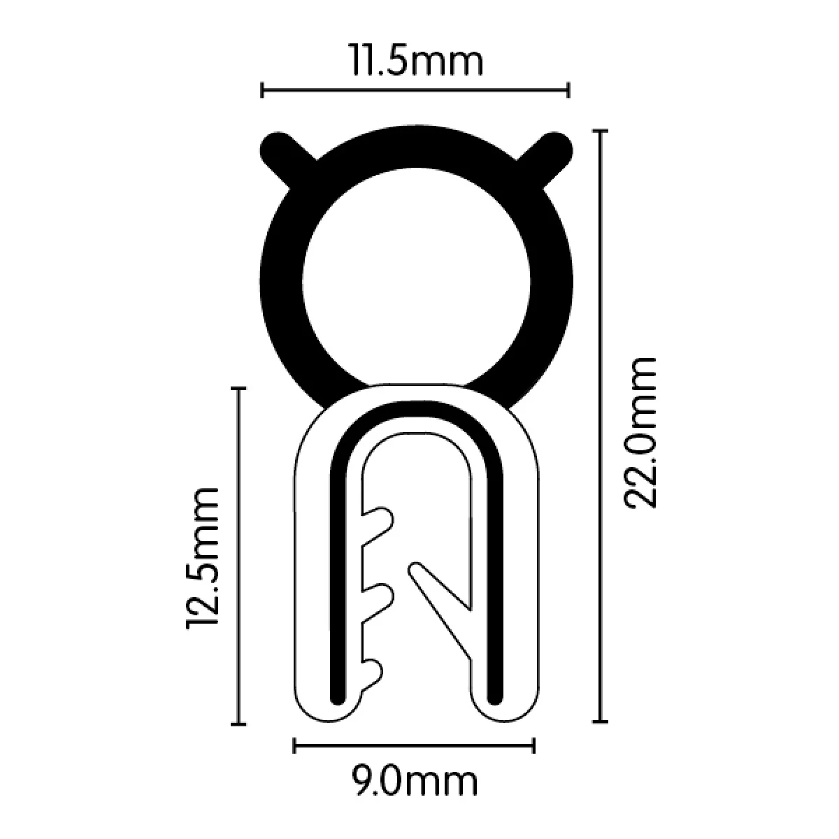 EPDM Boot Rubber Pinchweld with Top Bulb (Small) - 12.5mm x 9mm