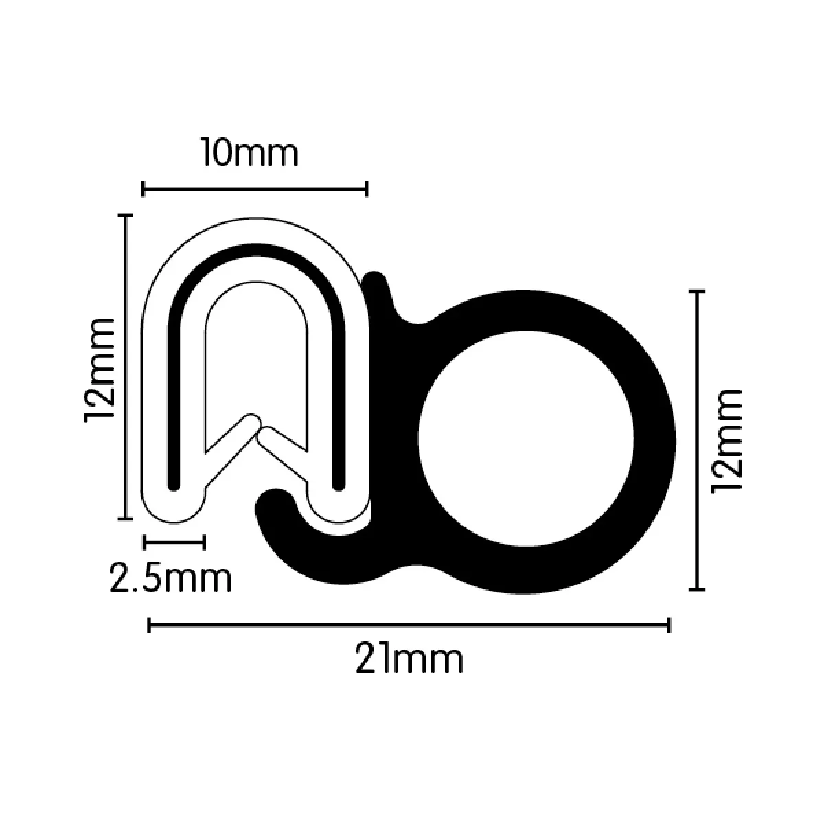 EPDM Rubber Pinchweld With Side Bulb (Small) - 12mm x 9mm